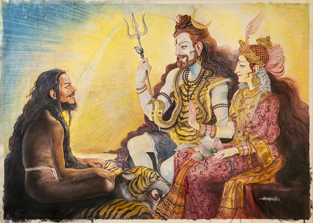 Lord Shiva and Goddess Parvati appearing before Swamiji on completion of Tapas