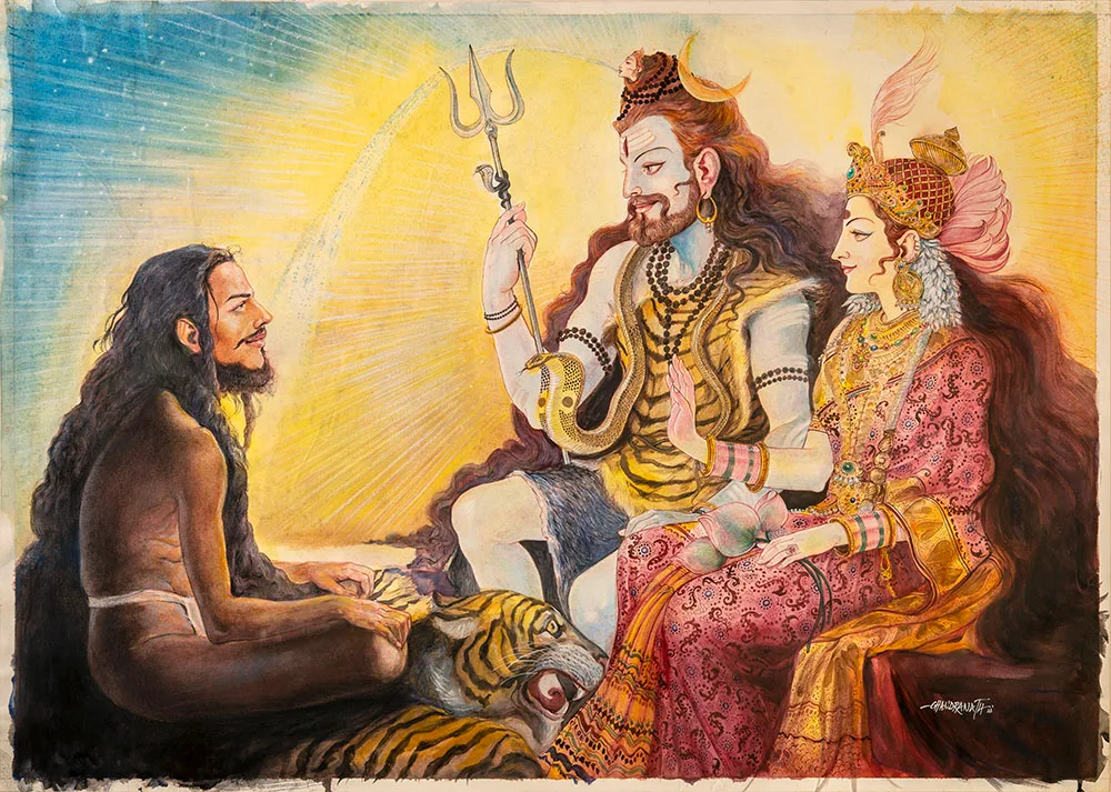 Lord Shiva and Goddess Parvati appearing before Swamiji on completion of Tapas